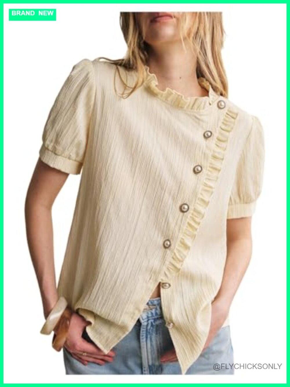 Women's Puff Sleeve Pearl Button Down Ruffle Blouse Asymmetrical Summer Top